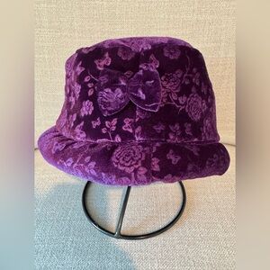 New Cozy Winter Deep Purple Velour Floral Design Bucket Style Hat w/Bow Adult Sz